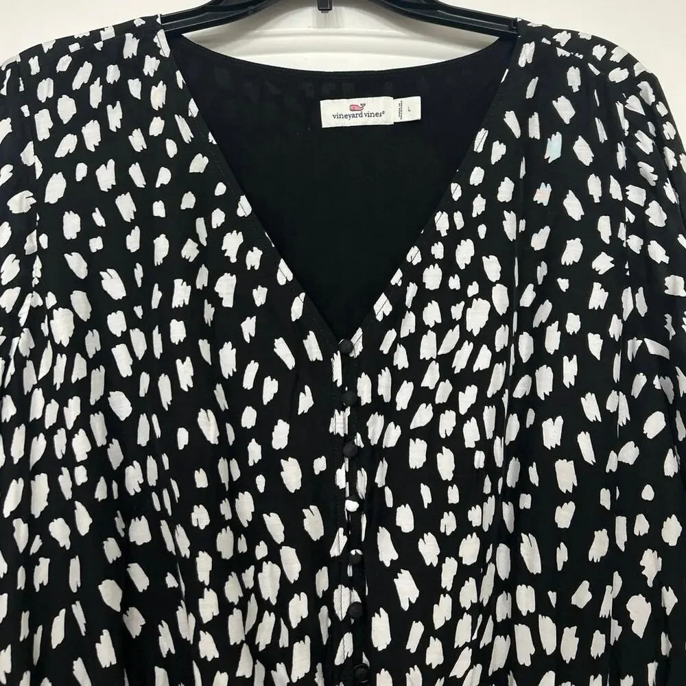 Vineyard Vines Black White Silk Blend Dress Large V Neck Long Sleeve Ruffle Hem - Picture 11 of 16